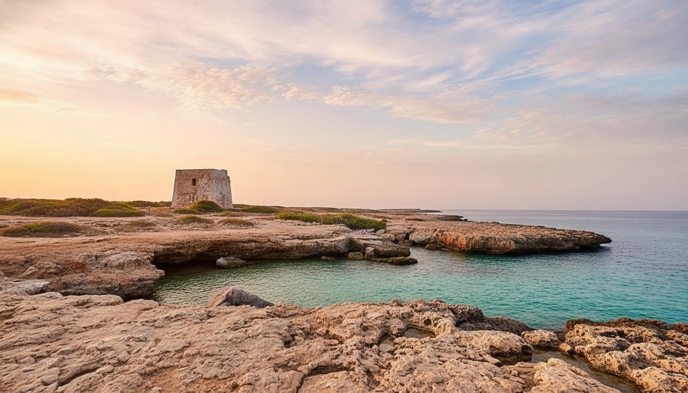 Le calette e la torre saracena di Torre Pozzelle sul mare turchese